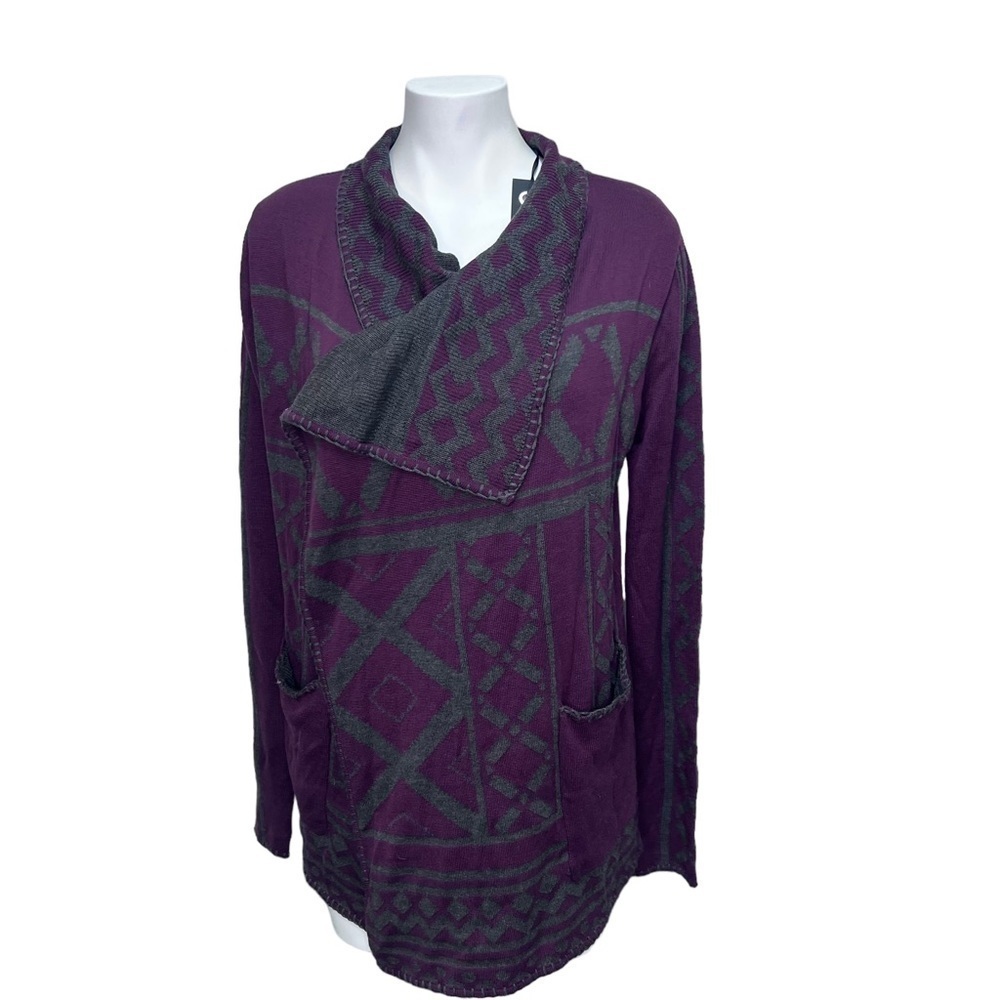 Melissa Nepton Burgundy & Grey Cardigan Sweater Open Front Drape